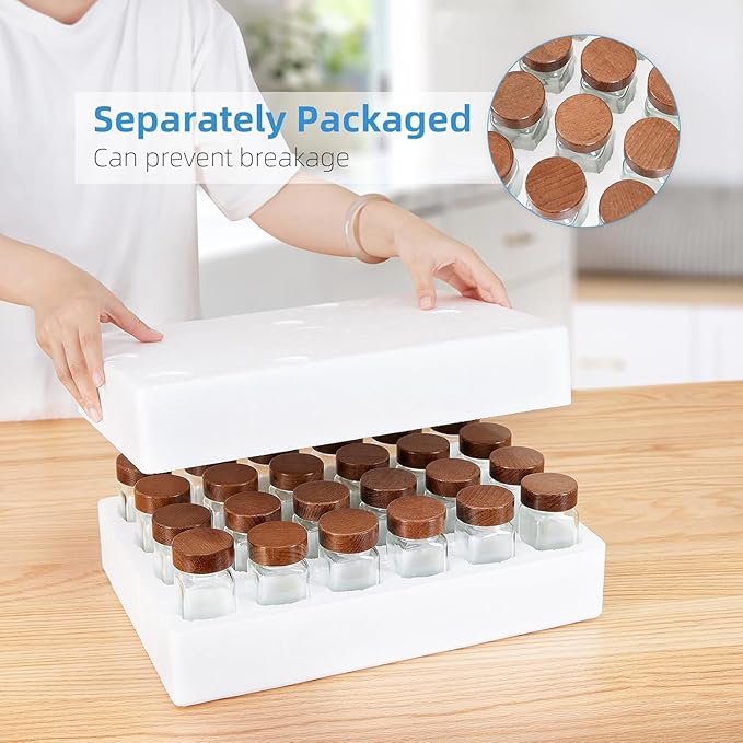 Yangbaga 14Pcs Glass Spice Jars with Labels-4oz Acacia Wood Lid Square Spice Containers with Pepper Grinder Lids &Funnel,Seasoning Jars for Rack Cabinet Drawer
