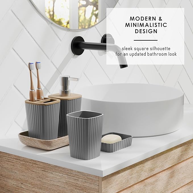 Clara Clark Bathroom Set - Grey Bathroom Accessories Set, 6PC Bathroom Accessory Set, Bathroom Sets with Adhesive Corner Shower Caddy Hanging, Toilet Brush, Trash Can & Soap Dispenser