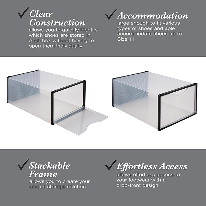 Simplify Set of 12 Stackable Shoe Boxes | Customizable | Fits Size 11 Shoes | Drop Front Design | Closet Storage | Sneakers | Heels | Clear and Black