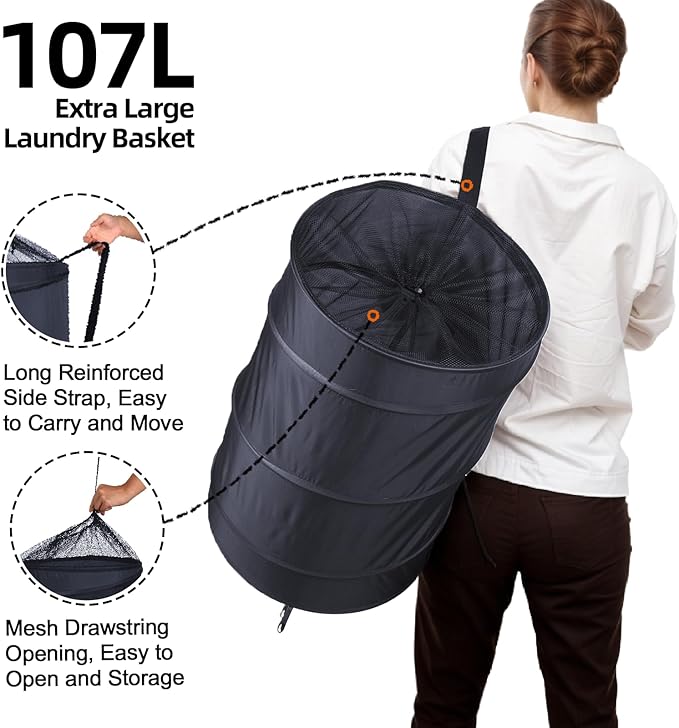 BATTOO Collapsible Laundry Baskets- Foldable Hamper for Laundry Extra Large Pop Up Laundry Hamper 107L with Long Straps Drawstring Clothes Hamper for Bathroom, Campout, Dorm or Travel Navy