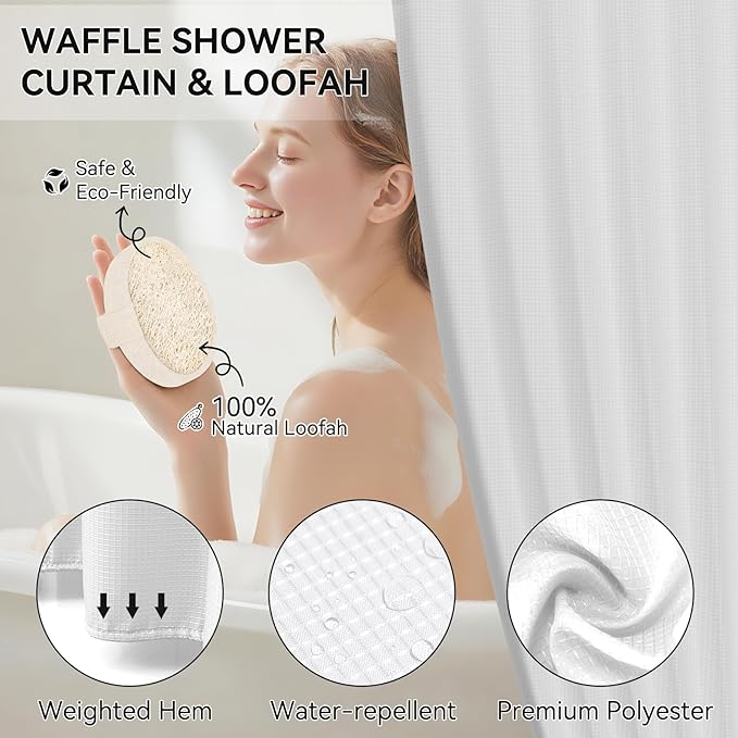 White Bathroom Set, White Bathroom Accessories Sets with Shower Curtain and No-Slip Bath Rugs, Natural Loofah Sponge, Soap Dispenser, Toothbrush Holder, Toothbrush Cup and Tray for Bathroom