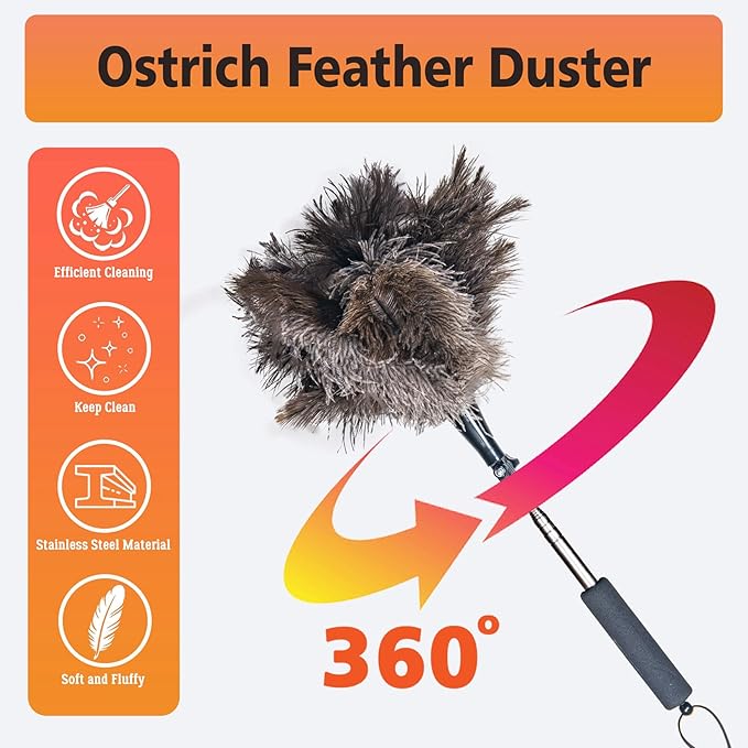Feather Duster for Electronics Fragile Items, Soft Ostrich Feathers Dusting Tool for Keyboard, Screen, Office and Home Cleaning, Black Handle(A12-Black)