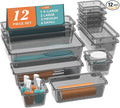 12-Piece Drawer Organizer Set, 4 Sizes Versatile Plastic Vanity Organizer for Makeup, Stationery, Gadgets, in Kitchen, Bathroom, Office, and Bedroom, Black