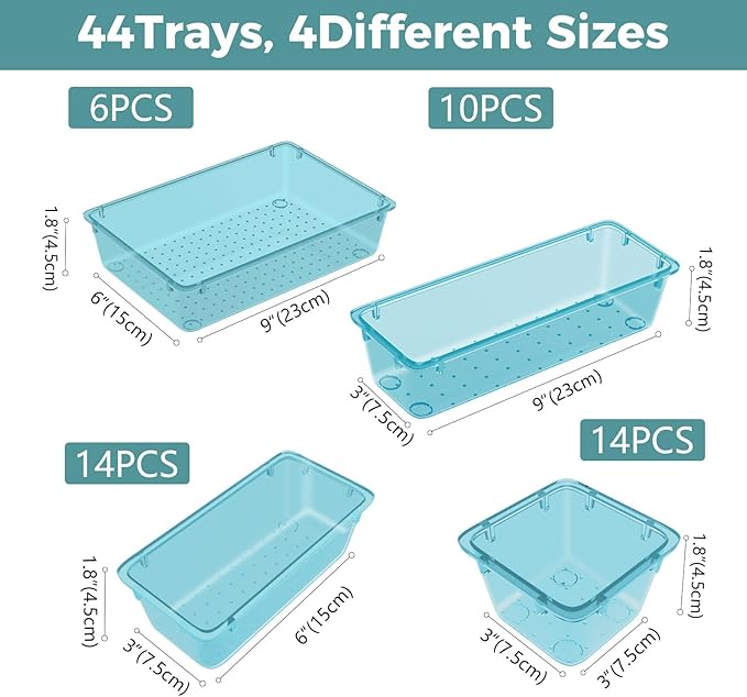 WOWBOX 44 PCS Clear Plastic Drawer Organizer Set, 6 Varied Size storage Bins and Desk Drawer Organizer Trays for Makeup, Gadgets, Jewelry and Utensils in Bathroom, Bedroom and Office, Clear Sea Blue