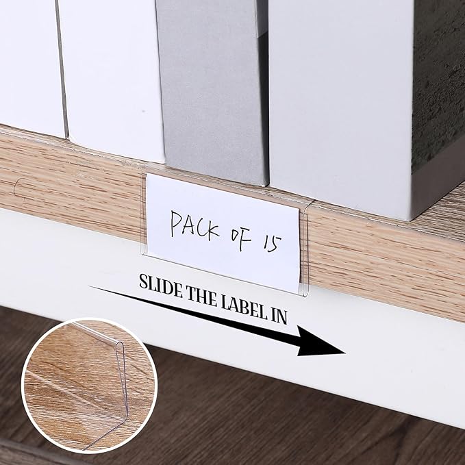 Containlol 15 Pieces Moveable Shelf Label Holders Clear Shelves Tags Moveable Library Markers Transparent Shelf Label Display Holder for Classroom Office Library Book Shelves(2 x 1 Inch)