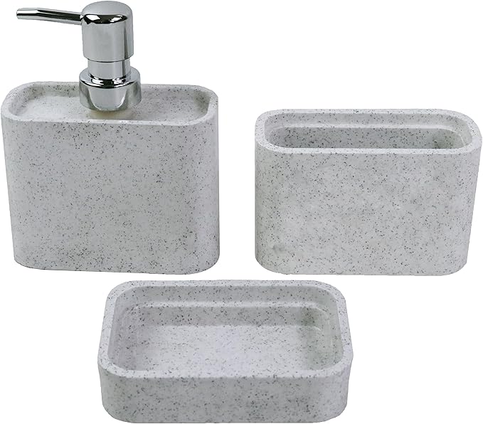 Hymmah Marble Pattern Bathroom Accessories Set, Toothbrush Holdr Set, 3 Pieces Resin Bathroom Set with Toothbrush Holder, Soap Dispenser, Soap Dish,Tumbler(Grey)