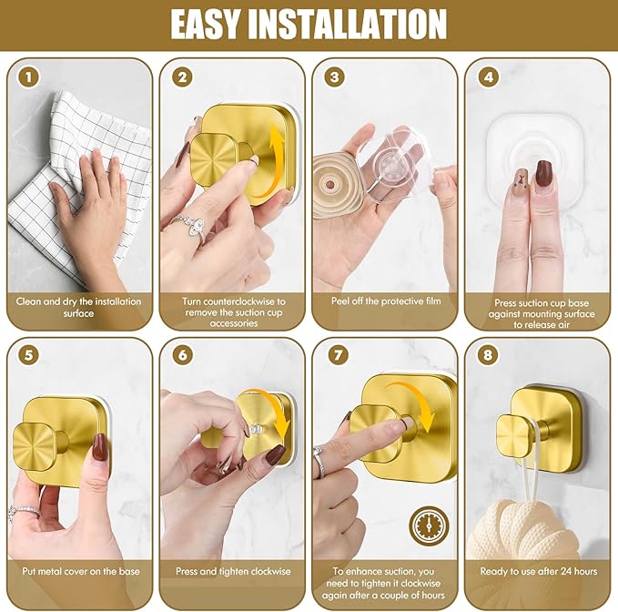 BKV Suction Cup Hooks for Shower,Heavy Duty Shower Hooks for Bathroom Wall,Glass Windows,Smooth Doors to Hang Towels,Robes,Coat,Reusable Suction Cup Wreath Hanger for Christmas Wreaths-Gold(4 Pack)