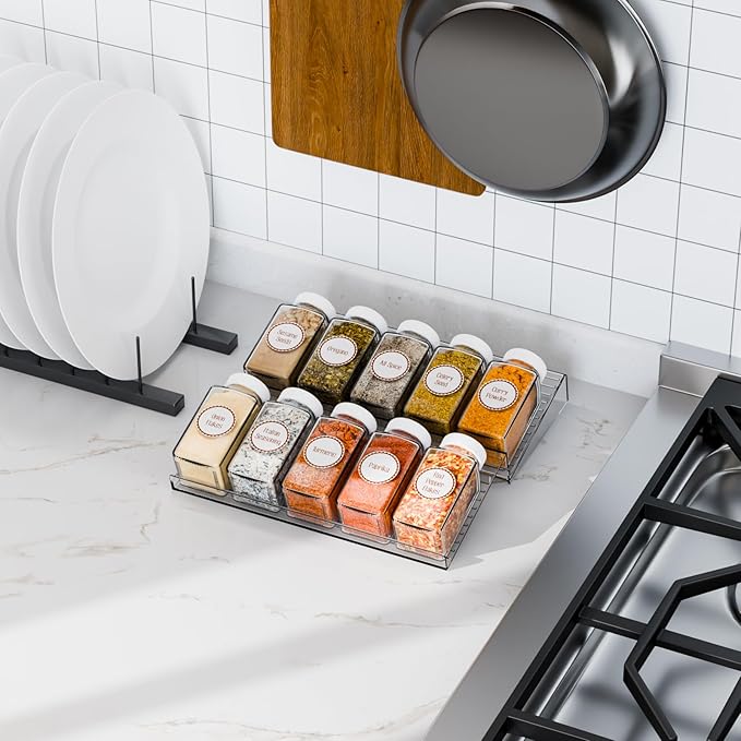 Yieach 4 Pack Adjustable Narrow Spice Rack for Drawer - Expandable From 9" to 17.7" - Acrylic Drawer Seasoning Organizer,Tiered Clear Spice Tray for Spices,Condiment,Nail Polish and Jar Organization