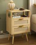 Veegle Rattan Nightstand with Charging Station,Modern Bedside Table with 2 Storage Drawer and Open Wood Shelf, for Bedroom and Small Spaces,Night Stand with Solid Wood Legs (Yellow Oak)