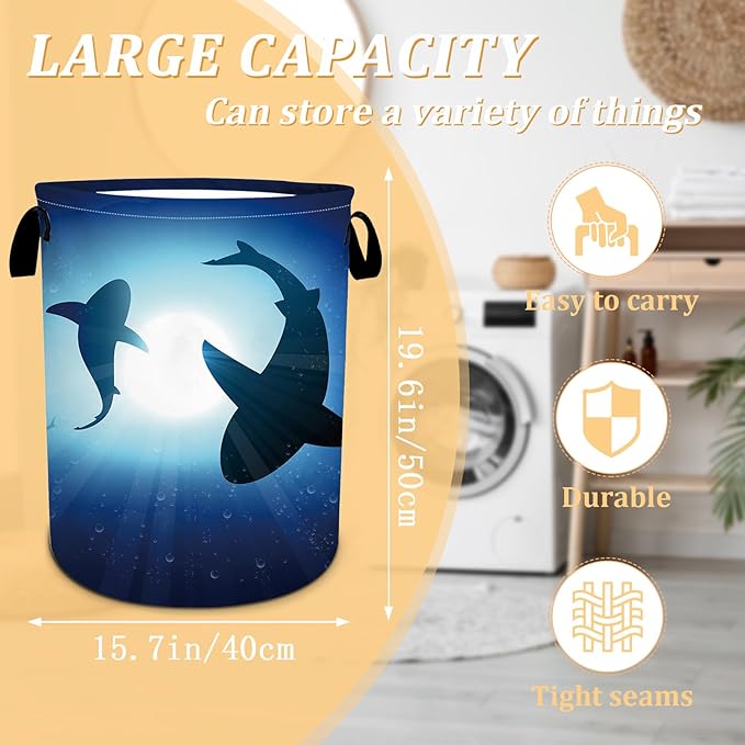 Floating Shark Laundry Basket, Sea Animals Laundry Hamper Foldable Waterproof Oxford Cloth Funny Tote Bag Dirty Clothes Storage Bucket Toy Organizer for Bathroom/Laundry/Bedroom 15.7"x19.6"