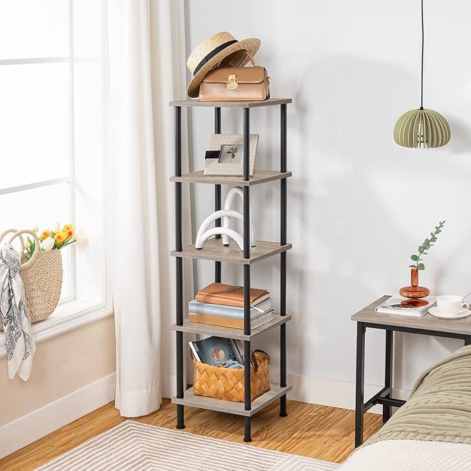 HOOBRO 5-Tier Corner Shelf Stand, Corner Square Rack Display Shelf, Tall Storage Rack Plant Stand, Bookcase for Small Spaces, Living Room, Home Office, Kitchen, Greige and Black BG50CJ01