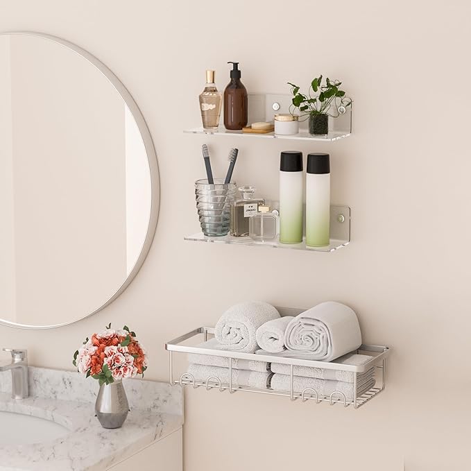 12 Inches Clear Wall Shelves, Moisture-Proof, Acrylic Bathroom Wall Shelves, Clear Floating Shelves for Bathroom, Bedroom, Living Room, Retail, 2 Pack