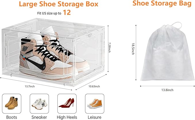 Large Shoe Organizer Stackable with Magnetic Door DVD/CD Storage 4pcs, Clear Shoe Boxes for Closet, Foldable Space-saving Shoe Rack