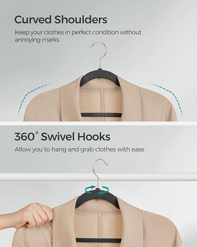 SONGMICS Velvet Hangers 100 Pack, Non-Slip Clothes Hangers with Shoulder Notches, Pants Bar, 360° Swivel Hook, Space-Saving, for Closet, Ink Black UCRF029B010