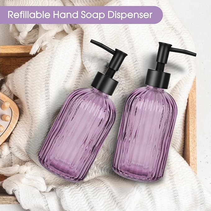 2 Pack Stripe Glass Soap Dispenser with Black Plastic Pump, 400ml Liquid Hand Soap Dispenser, Rustproof Pump for Kitchen & Bathroom, Great for Lotions, Essential Oil, Liquid Soaps- (Purple)