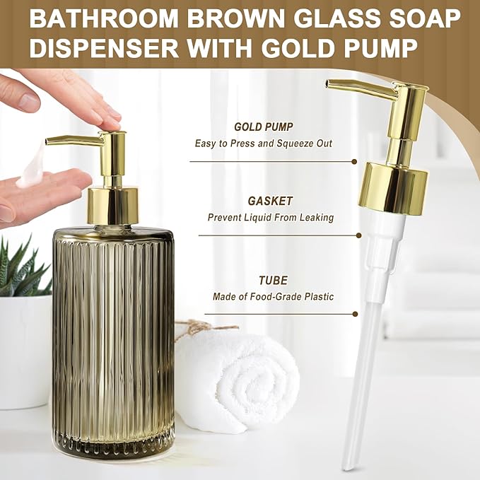 Brown Glass Bathroom Accessories 4 Pcs, Brown Bathroom Set, Soap Dispenser and Toothbrush Holder Set, Qtip Holder Set, Vintage Bathroom Sink Set, Modern Bathroom Decor