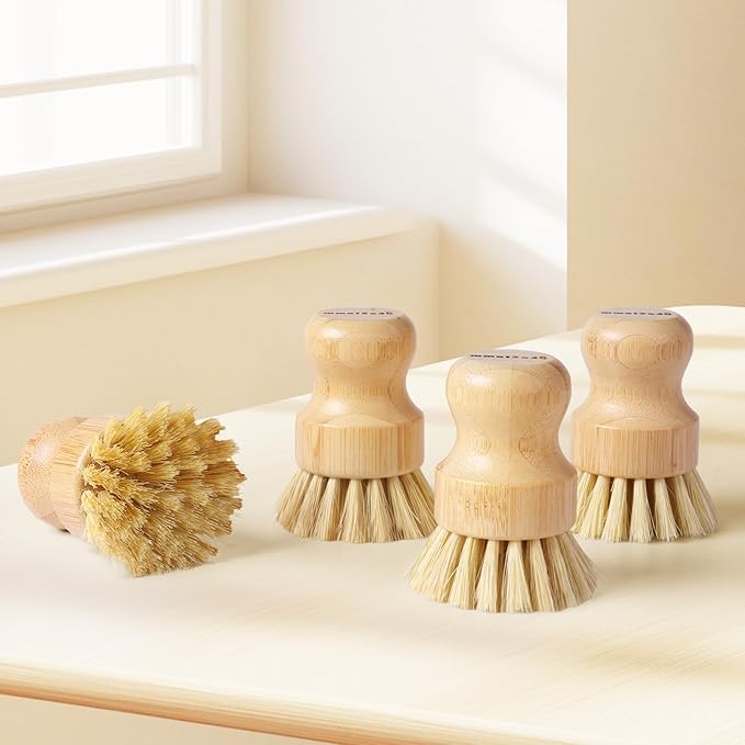 4 Pack Bamboo Dish Brush, Dish Scrubber Brush with Sisal Bristle, Natural Scrub Brush for Kitchen Cleaning Dishes, Pots, Pans, Bottles, Vegetables