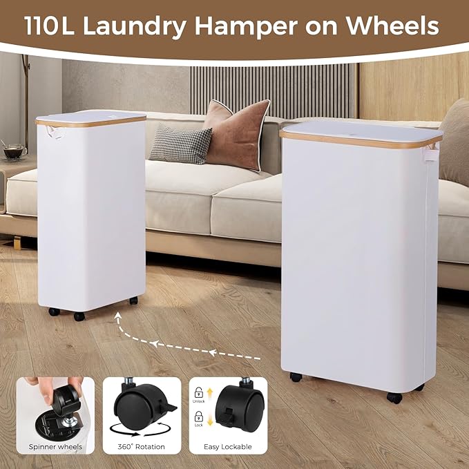 110L Slim Laundry Basket with Lid, Rolling Laundry Hamper with Bamboo Handles, Collapsible Dirty Clothes Basket Organizer with Removable Inner Bag and 3PCS Lingerie Bags for Washing Delicates