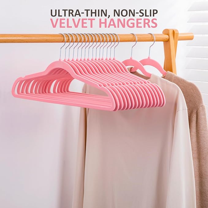 ELONG HOME Pink Slim Velvet Hangers, 50 Pack with 360 Swivel Hook, Non-Slip Heavy Duty for Coats, Pants & Dress Clothes