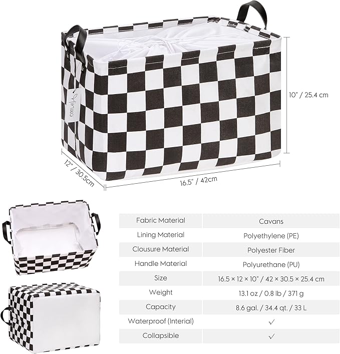 Hinwo 2-Pack Large Canvas Fabric Storage Basket with Handles, 33L/8.6-Gal Rectangle Bin, Collapsible Storage Box, Clothes, Toys, Blankets Organizer, 16.5 x 12 x 10 Inches (L, Black Checkerboard)