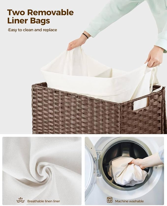 Greenstell Laundry Hamper with Wheels, No Install Needed, 110L Divided Handwoven Hampers & 2 Removable Liner Bags, Rattan Clothes Laundry Basket with Lid & Handles, Foldable Hampers Brown 22x13x26.4In