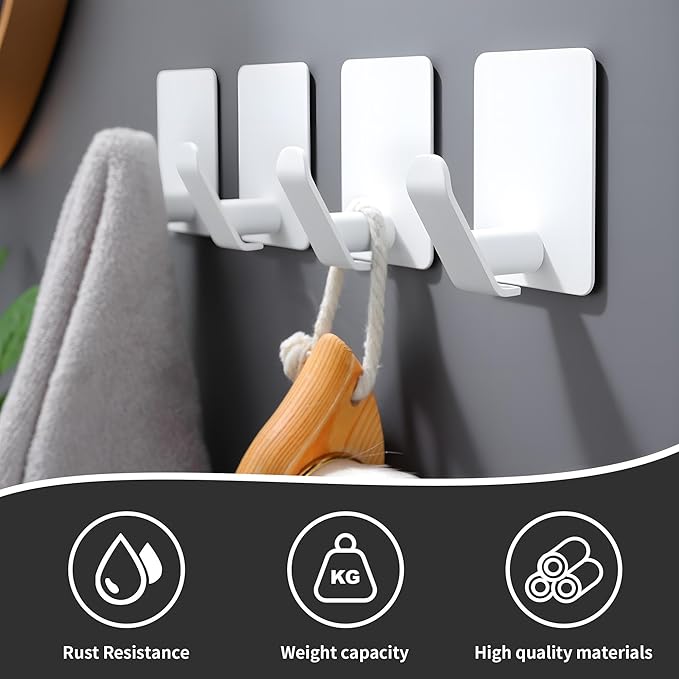 DELITON Adhesive Hooks 4 Pack - Simple White Towel Hooks for Coat, Robe and Bags, Heavy Duty Stick on Wall for Bathroom and Kitchen