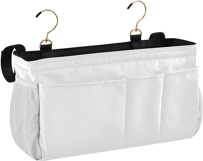 KOPIRIT White Bedside Caddy Storage Bag Bedside Organizer for Bunk Bed Headboards College Hanging Storage Organizer 6 Pockets with Hooks for Drinks Magazine Phone Holder
