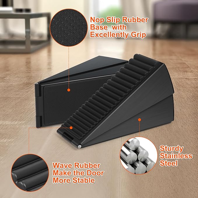 Black Adjustable Large Door Stoppers, Heavy Duty Door Stoppers for Bottom of Door, Door Stop with Strong Grip Stainless Steels for Heavy Duty and Usual Doors
