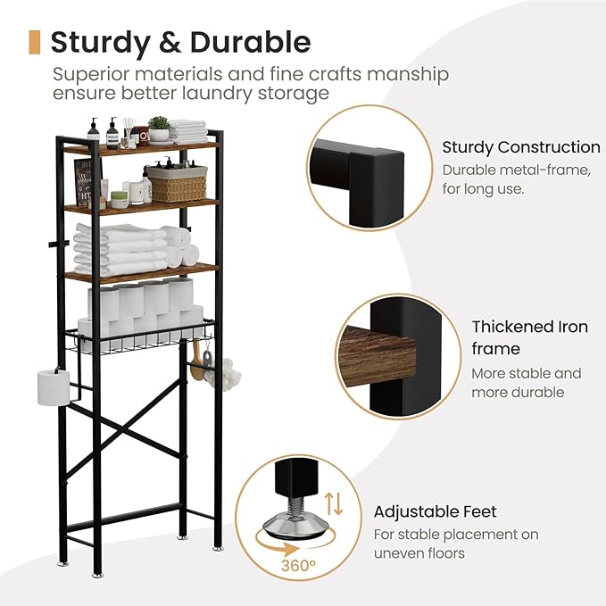 Over The Toilet Storage Cabinet, 4-Tier Bathroom Organizers and Storage with Adjustable Shelves, Freestanding Over-The-Toilet Shelf for Restroom, Laundry, Rustic Brown