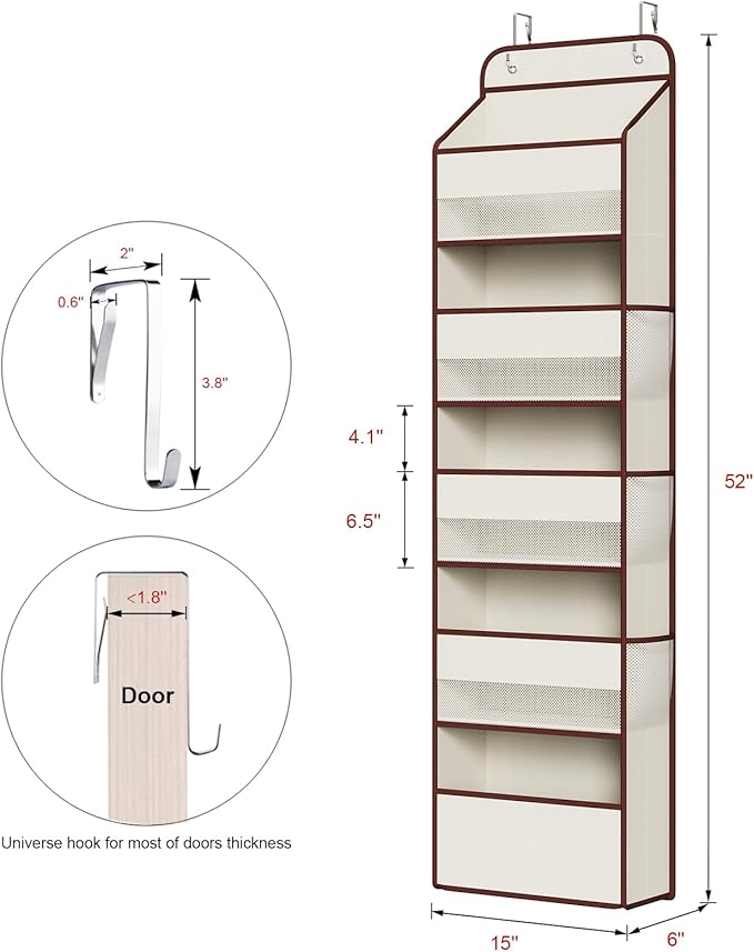 Univivi 1 Pack Over The Door Organizer, Non-Tilting Over The Door Organizer Hanging Door Storage With 5 Large Compartments 6 Side Pockets for Nursery Storage (Beige)
