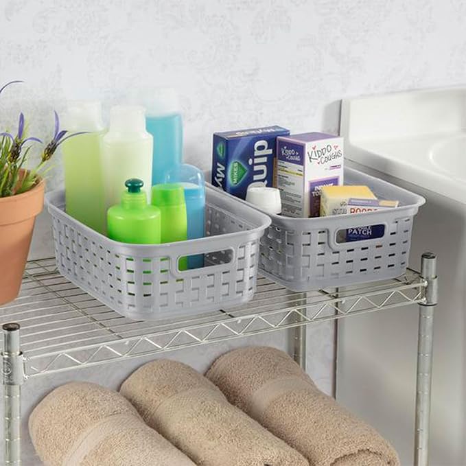 Sterilite 11 Inch Small Weave Open Bin Wicker Storage Basket Home Organizer Tote for Countertops, Bookshelves, and Closets, Cement, 32-Pack