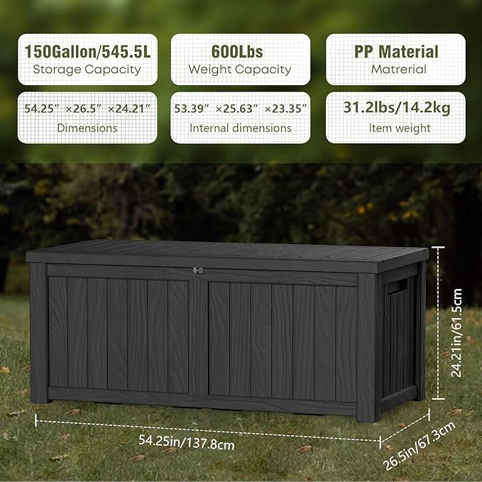 Outdoor Storage Box Waterproof, 150 Gallon Lockable Resin Deck Box Large, Patio Storage Bin for Pool Accessories Cushion Furniture, Garden Tools, UV-Resistant Outside Delivery Black