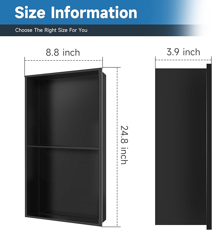 BATHFINESSE 9" x 25" Black Modern Wall Mount Shower Niche with Double Recessed Shelves, No Tile Needed