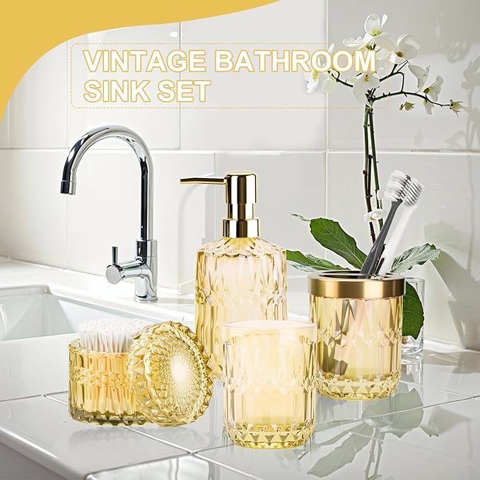 Clear Gold Bathroom Accessories Set, 5Pack Clear Glass Bathroom Accessories, Includes Lotion Soap Dispenser, Toothbrush Holder, Qtip Holder and Soap Dish, Vintage Bathroom Decor