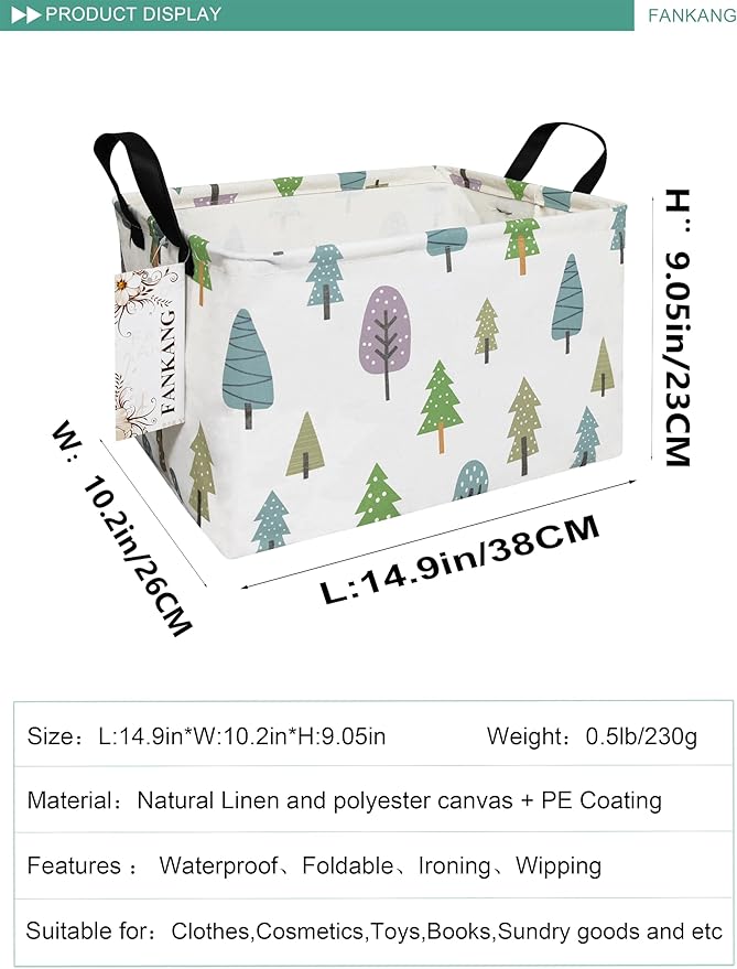 FANKANG Storage Bins, Nursery Hamper Canvas Laundry Basket Foldable with Waterproof PE Coating Large Storage Baskets for Kids Boys and Girls, Office, Bedroom, Clothes,Toys(Rec-Colorful Forest ）