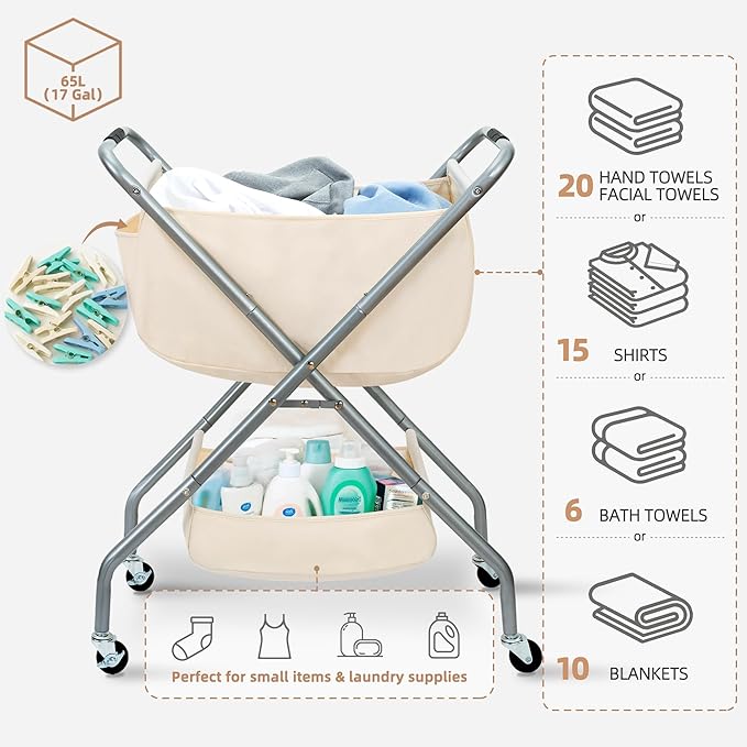 STORAGE MANIAC Collapsible Laundry Cart with Wheels 31.5"H Rolling Laundry Hamper Clothes Basket with Wheels, Canvas Liner Sturdy Steel Frame Folding for Small Narrow Space Easy Storage, Beige