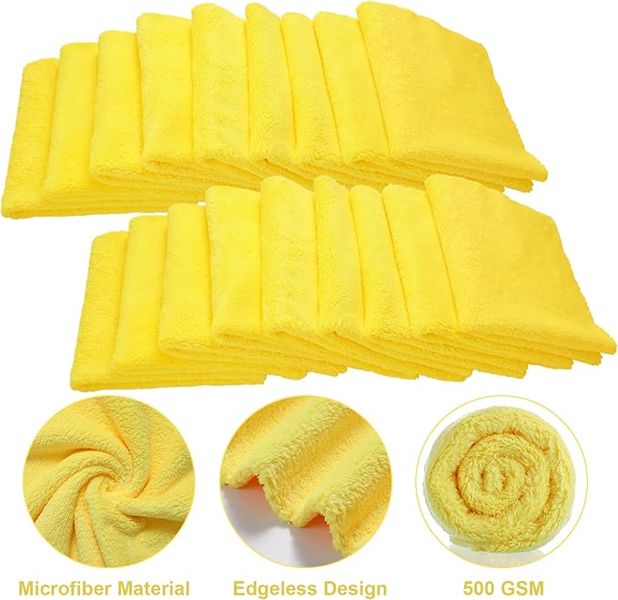 Shimeyao 30 Pcs 6 x 16 Inch Edgeless Microfiber Plush Towels for Cars Detailing Drying Wash Polishing Absorbent Cleaning Cloths, 500 GSM(Yellow)
