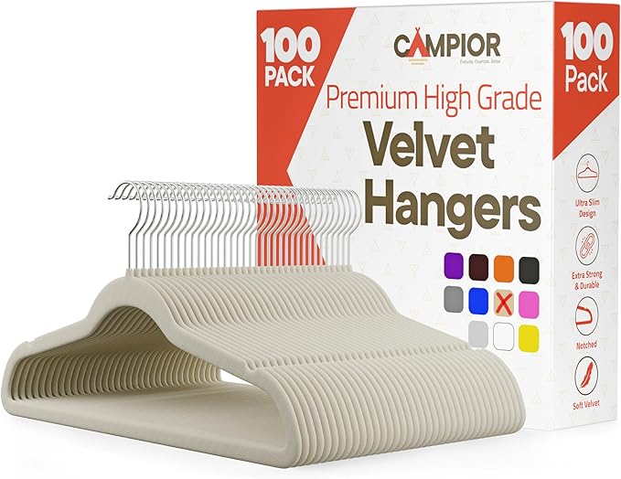 Ivory Velvet Hangers 100 Pack – 360° Swivel Hook, Non-Slip and Space Saving Hangers, Heavy-Duty 11 lbs Weight Capacity - Smooth Velvet Finish for Crease-Free Clothes and Effortless Closet Organization