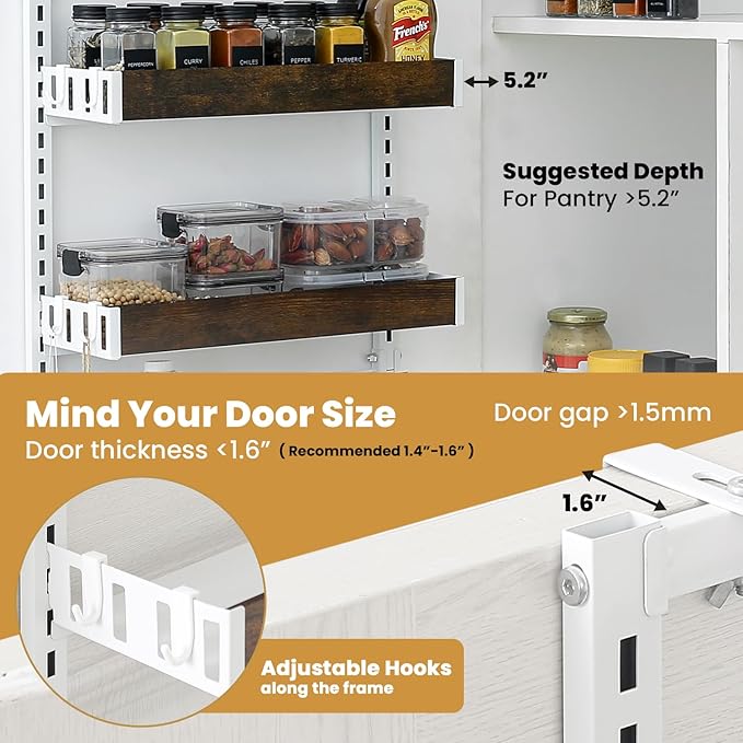 Over-The-Door Organizer – 6-Tier Wooden Pantry Storage Shelf with 12 Hooks, Wall-Mount or Hanging Spice Rack for Kitchen, Bathroom, or Closet