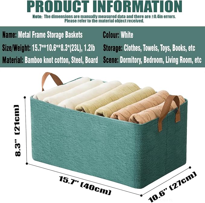 AARAINBOW 4 Pcs Closet Clothes Organizer with Handle, Fabric storage Box with Steel Frame Stackable Shelf Storage Baskets Foldable Storage Baskets for Organizing Clothes Jeans, 23L (4 Green)