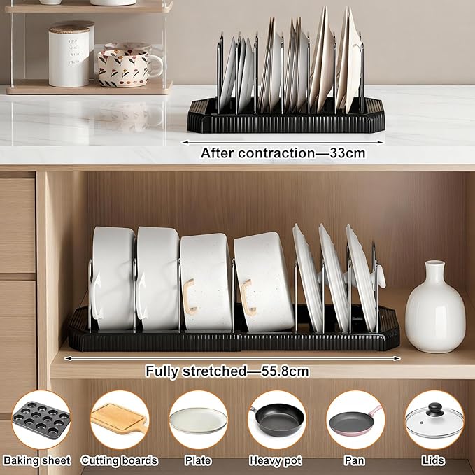 Pots and Pans Organizer Under Cabinet, 7-Slot Expandable Pot Rack Organizer with Cup Brush, Kitchen Pots and Pans Organizer for Cookware, Lids, Bakeware, Cutting Boards Tool-Free Installation (Black)