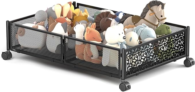 Under Bed Storage with Wheels, Foldable Pattern Carved Metal Under Bed Storage Containers, 60L Rolling Underbed Storage, Easy Assembly Under The Bed Storage for Shoes, Clothes, Blankets...