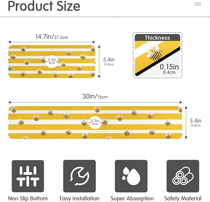 Kitchen Sink Splash Guard 2 PCS 30 Inch Sink Faucet Mat Splash Guard for Bathroom Countertop Water Absorbent Foldable Cuttable Soft Washable Yellow and White Striped Bees01