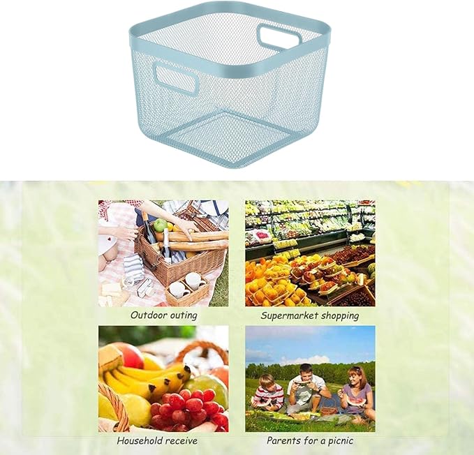Metal Mesh Steel Baskets, Household Wire Storage Organizer Bin Garden Harvest Basket Multi-functional Fruit Baskets with Handles for Kitchen Bathroom Picnic Shopping Decor Cabinet Home, Blue