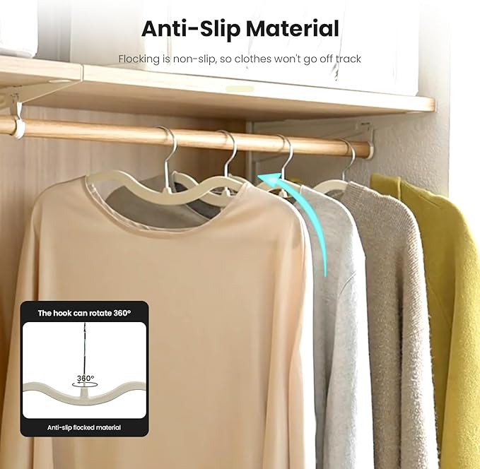 Jiang&Rong 50 Pack Velvet Short Neck Hangers, Non-Slip Felt Hangers, with 360° Swivel Hook, Space Saving Design for Sweaters, Coats, Shirts (Beige)