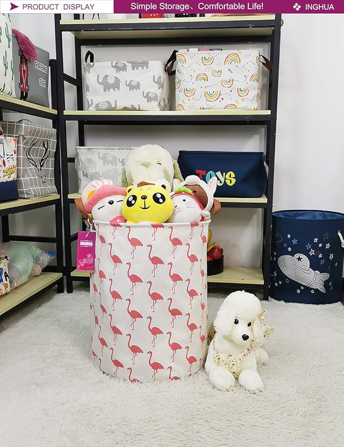 Laundry Hamper Large Canvas Fabric Lightweight Storage Basket/Toy Organizer/Dirty Clothes Collapsible Waterproof for College Dorms, Boys and Girls Bedroom,Bathroom(Flamingos)
