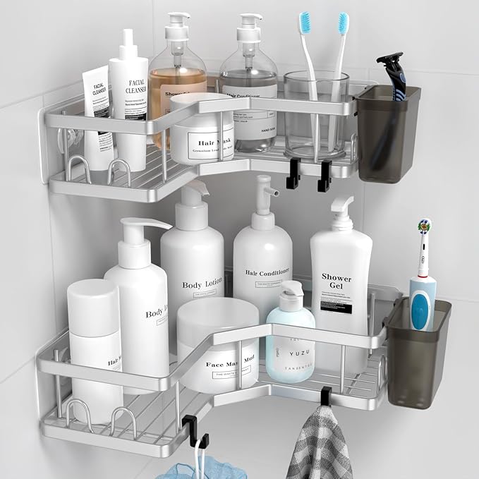 Corner Shower Caddy Shelf Rack: 2 Pack Adhesive Shower Organizer Essentials - No Drilling Stainless Steel Bathroom Storage Rack with Hooks and Toothpaste Holder