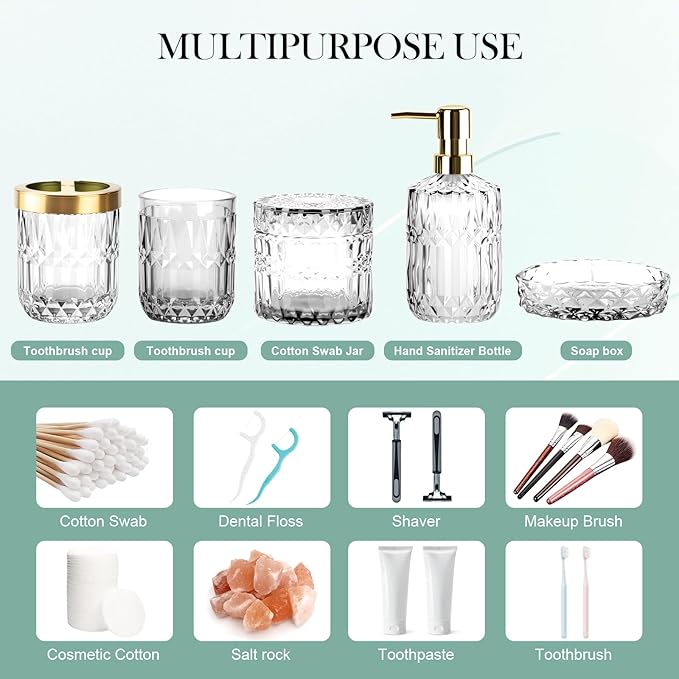 Bathroom Accessory Set 5 Pcs, Glass Bathroom Set Include Soap Dish, Toothbrush Holder, Mousewash Cup, Soap Dispenser, Cotton Swab Jar, Clear