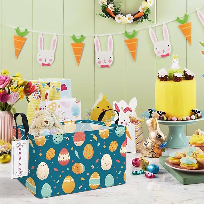 QUEENLALA Rectangular Laundry Hamper/Foldable Nursery Laundry Basket for Organizing/Storage Bin Baskets/Children Toy Office Bedroom/Toy Bin Closet Shelf Baskets (Rec-Blue Easter eggs)
