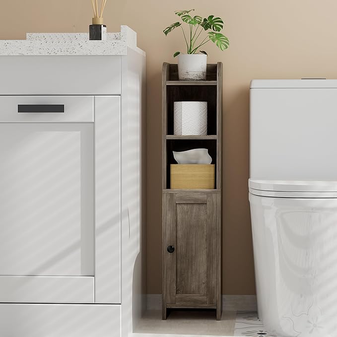 Homhedy Small Bathroom Storage Corner Floor Cabinet with Door and Shelves, Beside The Toilet Paper Stand for Skinny, Narrow Toilet Paper Cabinet, 7.9" D x 7.1" W x 31" H, Greige